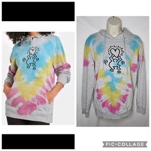 Womens Keith Haring Gray Tie Dye Pullover Hoodie Long Sleeve Front Pocket Size S